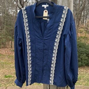 Flying Tomato Navy Blouse with White Embroidered Trim